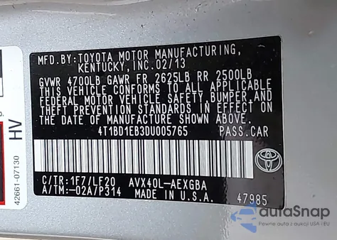 2013 Toyota Avalon Hybrid Xle Premium z USA, uszkodzony, nr VIN 4T1BD1EB3DU005765